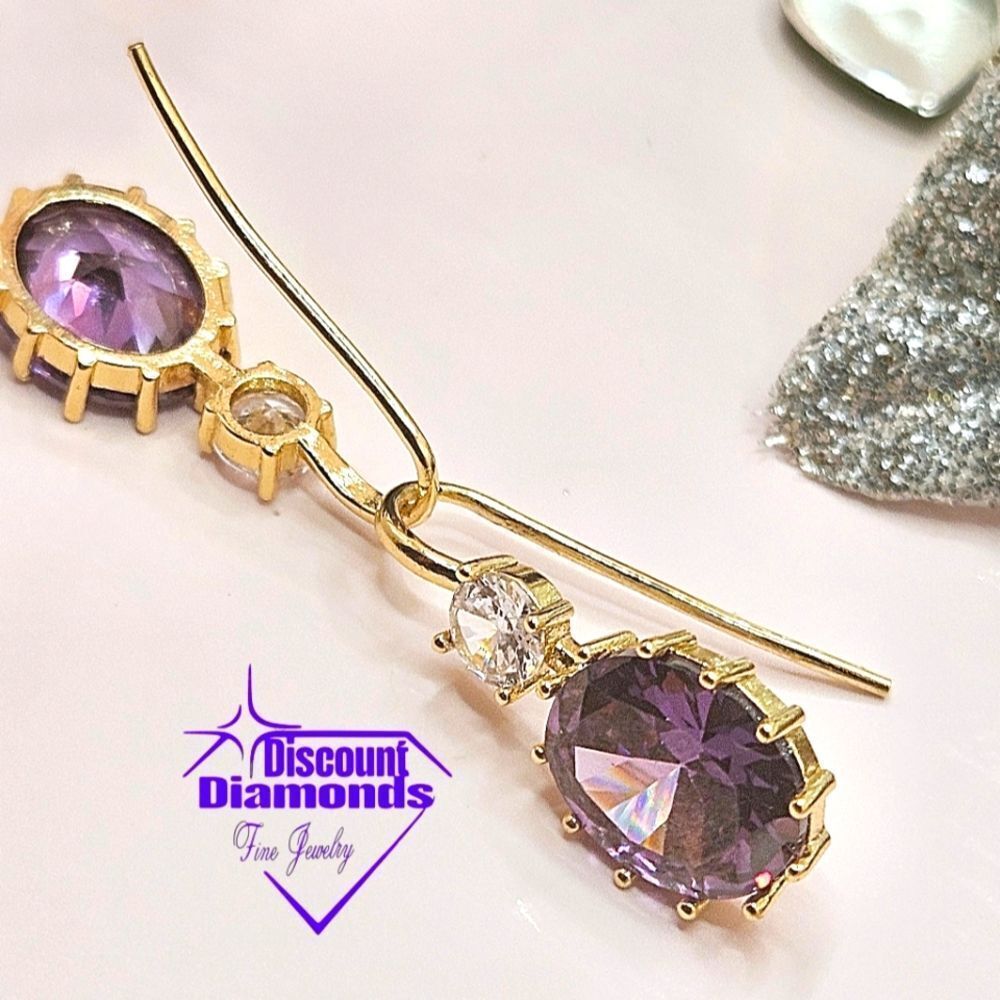 Oval Amethyst (Purple) Earrings 14K Bright Yellow Gold on 925 Silver - Picture 8 of 10